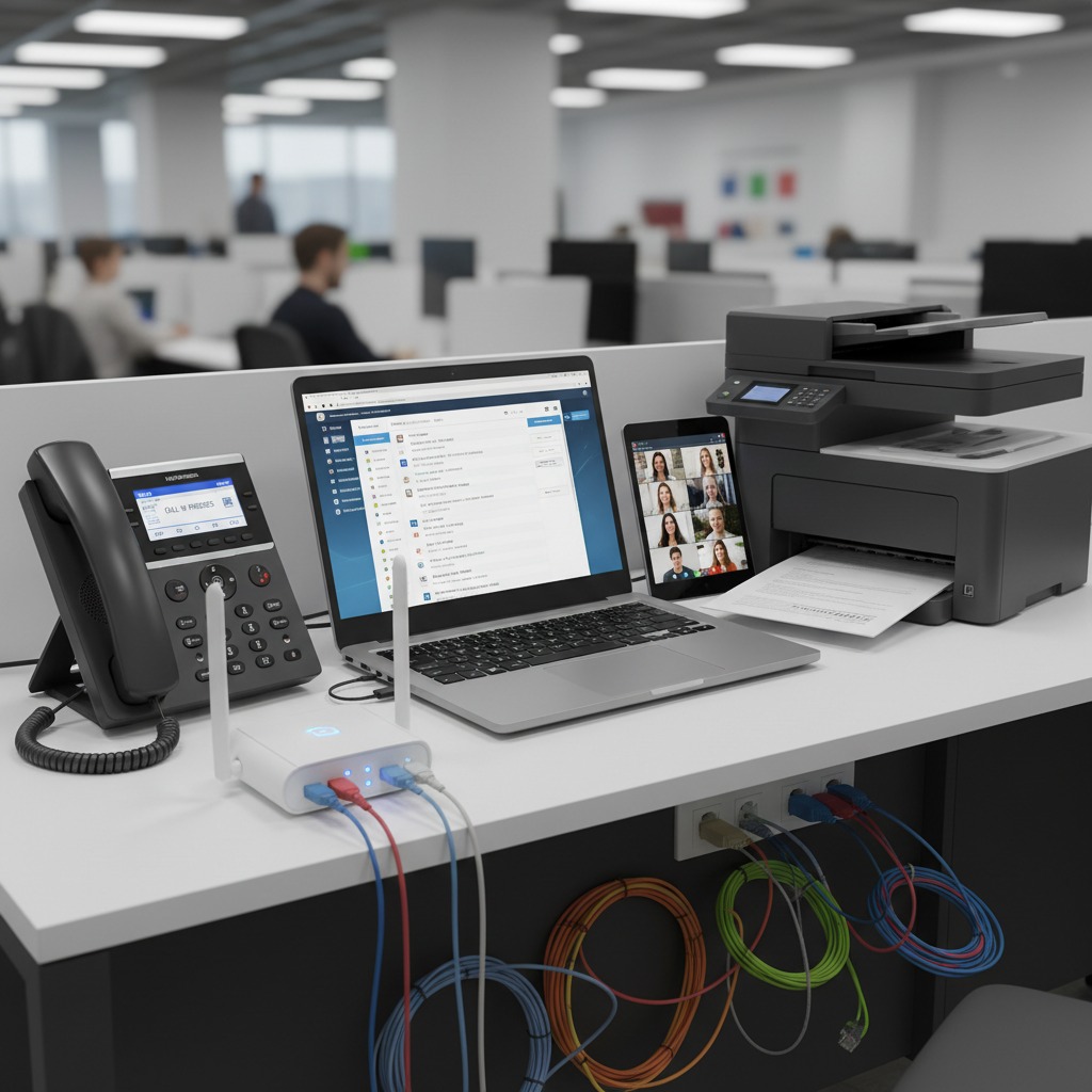 An office desk features a laptop displaying an interface, a tablet with a video call, a VoIP phone, and a printer.